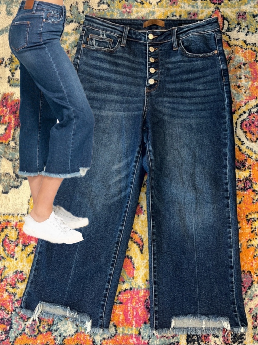Judy Blue High Waist Button Fly Destroy Wide Leg Crop Denim Jeans Size 13 31